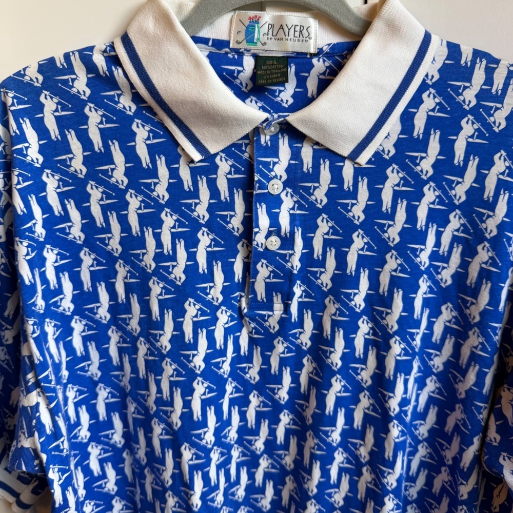 Vintage Golf Polo Men's Large‎ Blue Print Cotton Short Sleeve Novelty Print